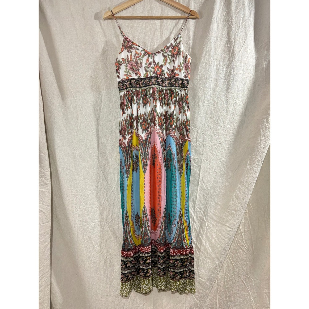 Anthropologie Boho Paisley Floral Chiffon Maxi Dress Multi-Color Smocked Back 6